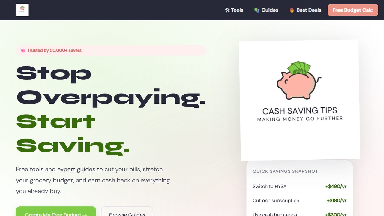 Cash Saving Tips homepage, designed and built by Tarmic Digital