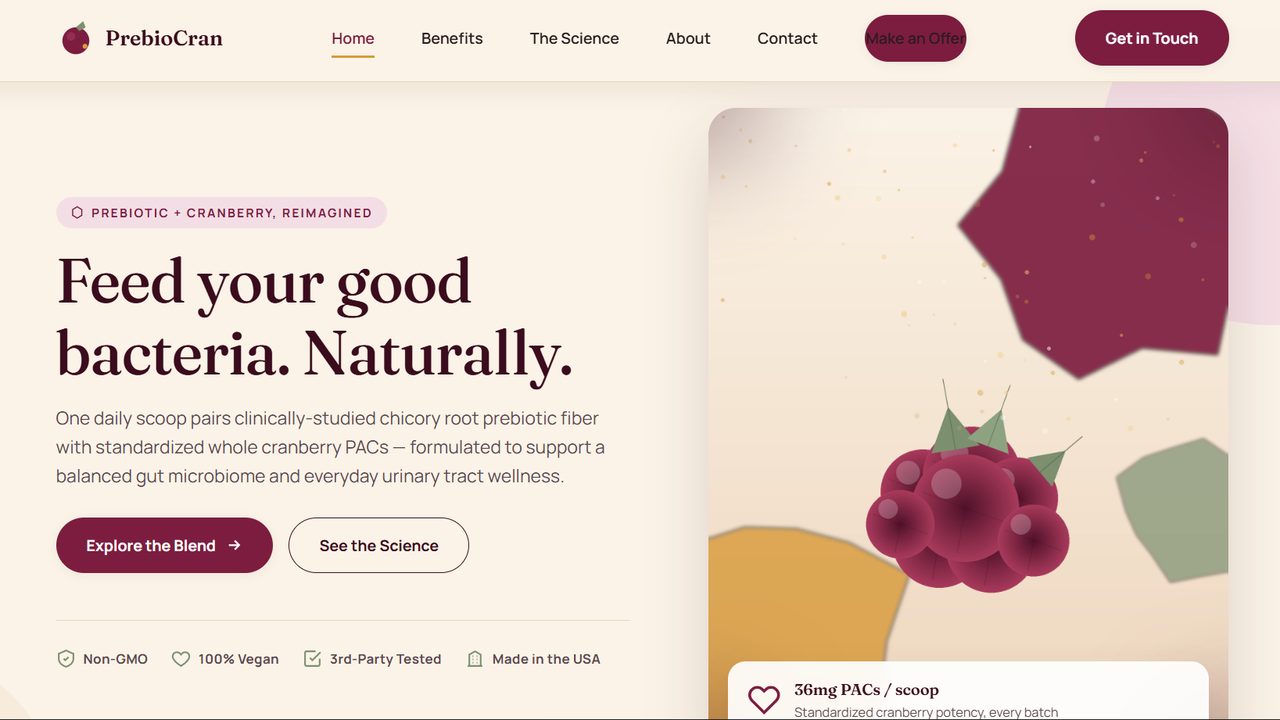 PrebioCran homepage, designed and built by Tarmic Digital