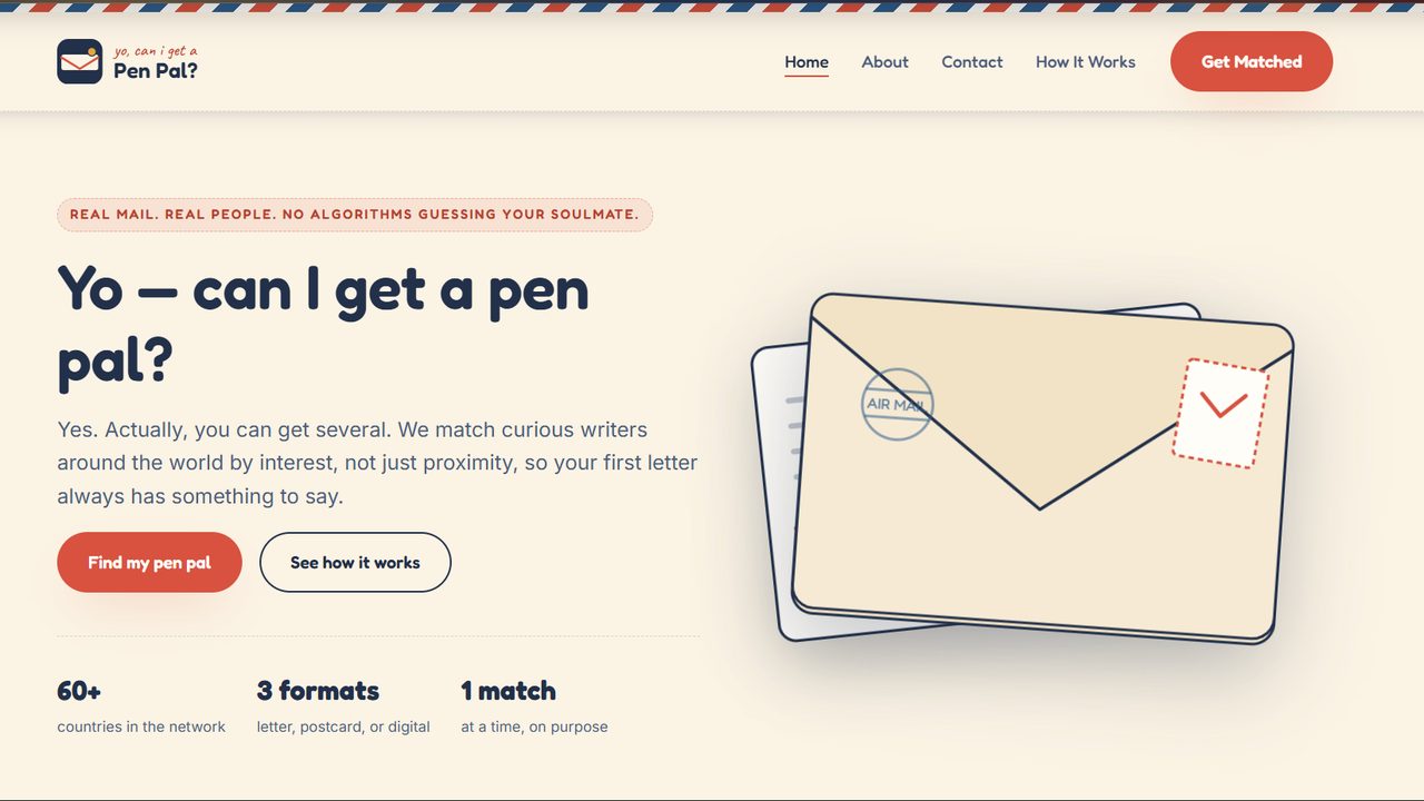 Yo, Can I Get a Pen Pal? homepage, designed and built by Tarmic Digital